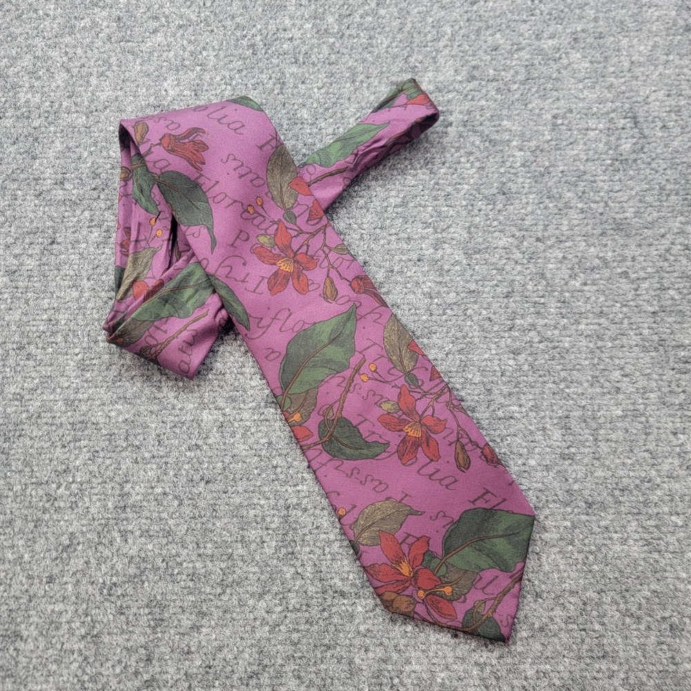 Liberty of London Mens Silk Tie Vintage 80s Floral Botanical Script Purple USA